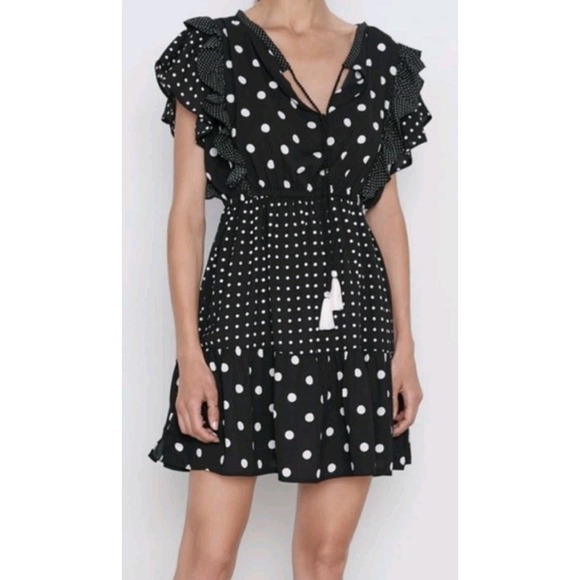 Zara Dresses & Skirts - Zara Women Dress Contrast Polka Dots Ruffle Party Midi Sz XS‎ Black White NEW